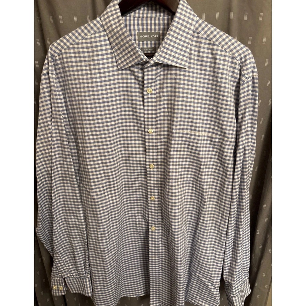 Michael Kors Mens Regular Fit Gingham Button Down Shirt Blue White XL 17.5 34/35